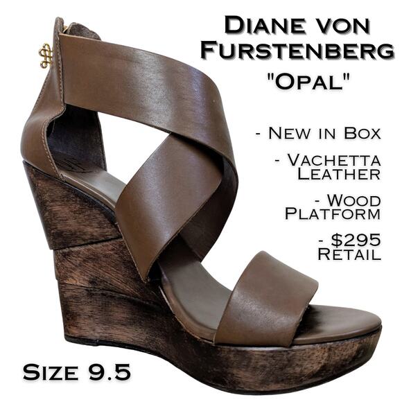 NEW Diane Von Furstenberg Opal Wedge Sandal 9.5 Strappy Vacchetta Leather Wood - Picture 1 of 12